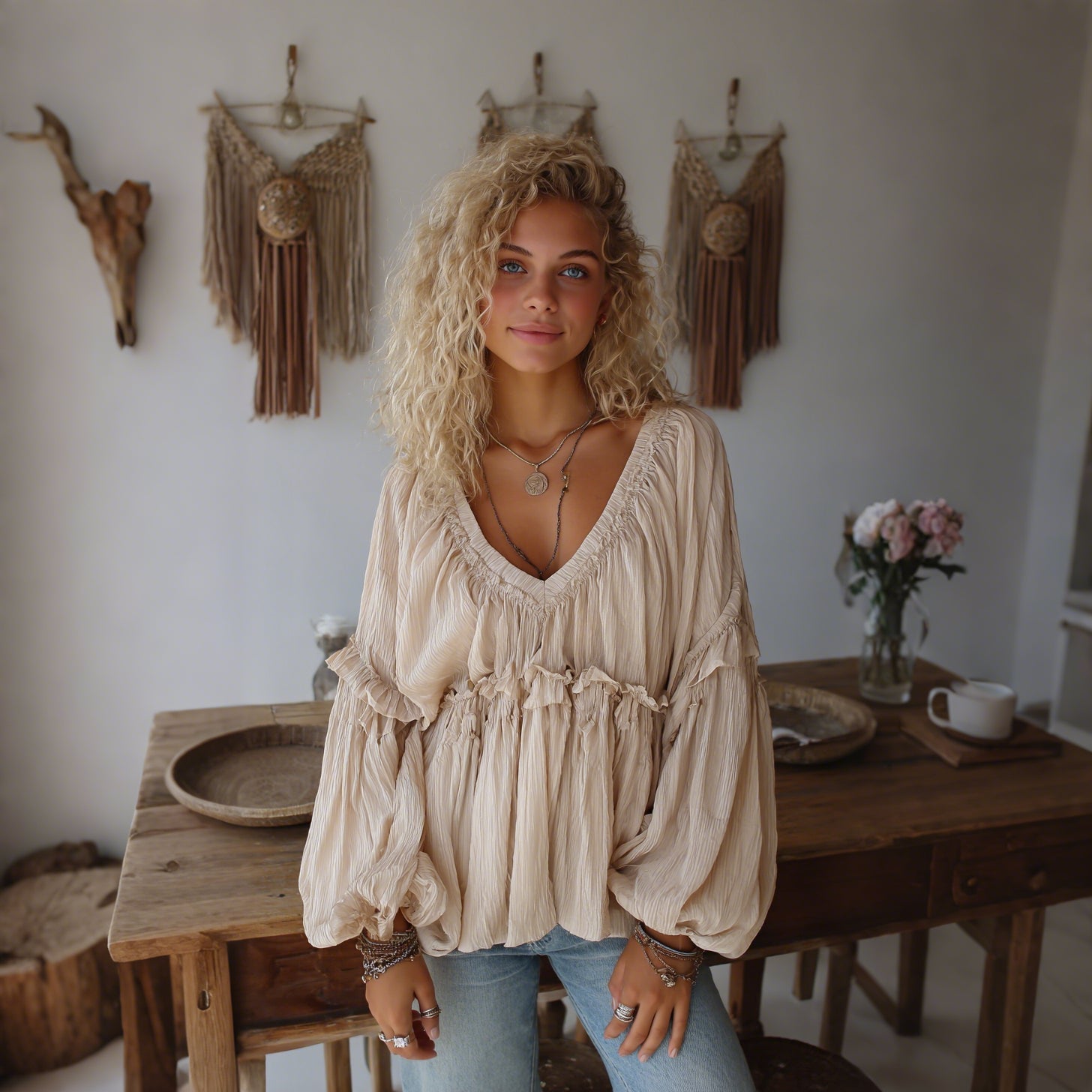 Women's Elegant, Loose, Comfortable, Breathable, Pleated Chiffon V-neck Puff Sleeve Long-sleeved Top
