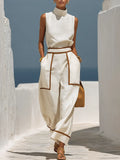 Minimalist Retro Turtleneck Top And Color-blocked Wide-leg Set