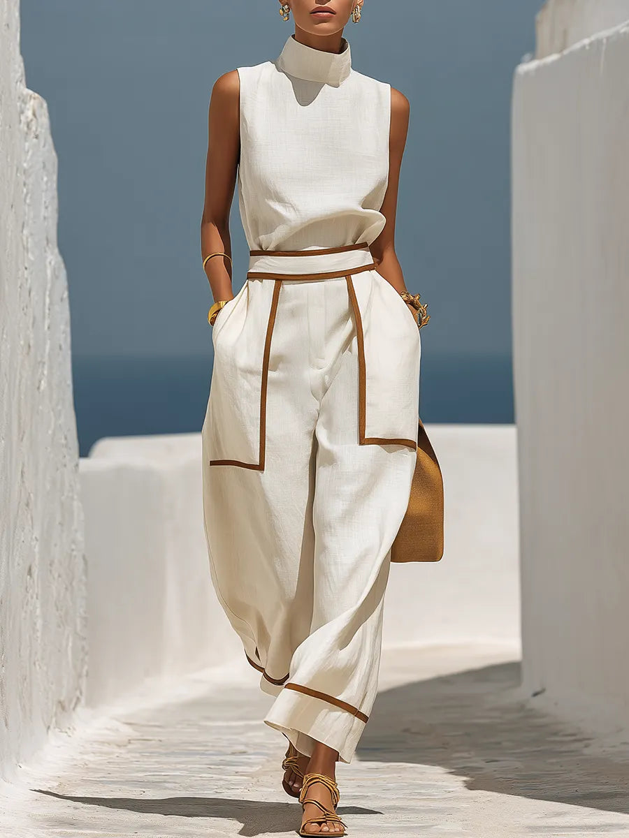 Minimalist Retro Turtleneck Top And Color-blocked Wide-leg Set