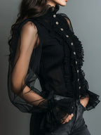 Vintage High Neck Black Sheer Organza Blouse With Ruffle Trim