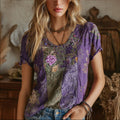 Vintage Purple Floral Embroidered Crew Neck Casual Washed Cotton Linen Top