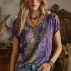 Vintage Purple Floral Embroidered Crew Neck Casual Washed Cotton Linen Top