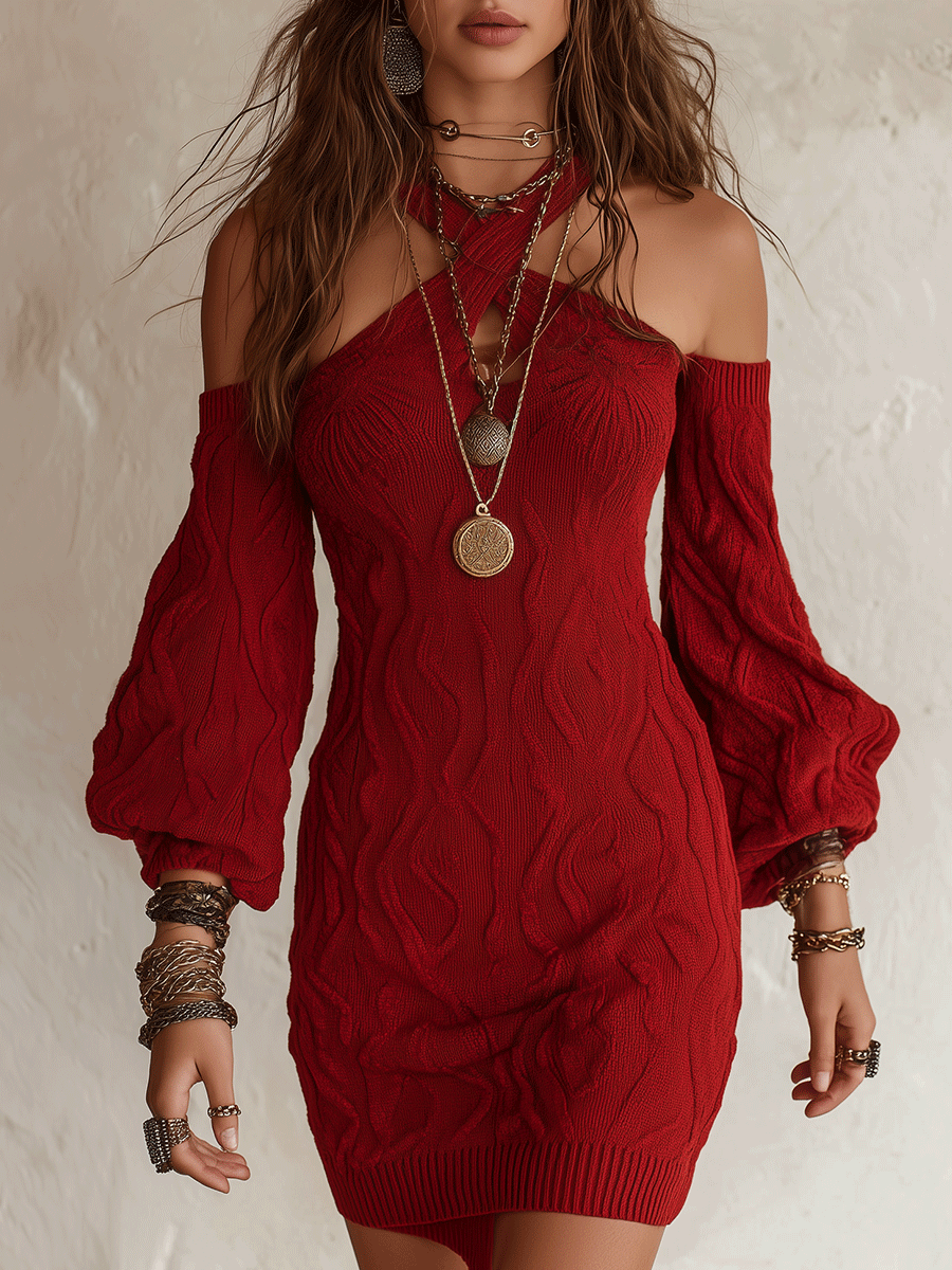 Autumn Elegant Ribbed-Knit Puff-Sleeve Bodycon Burgundy Mini Sweater Dress