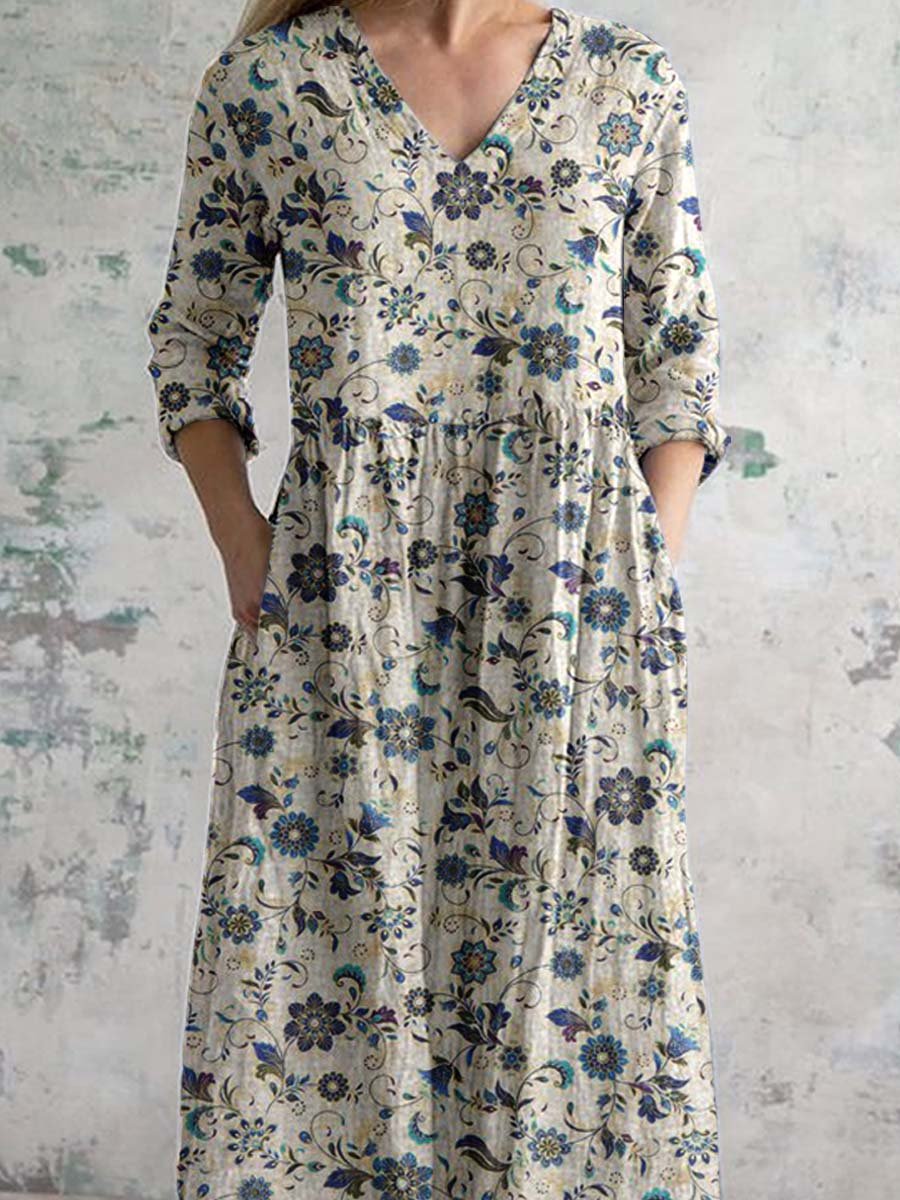 Schlichtes elegantes Damenkleid mit V-Ausschnitt, Blumenmuster, Baumwollstoff und Taschen