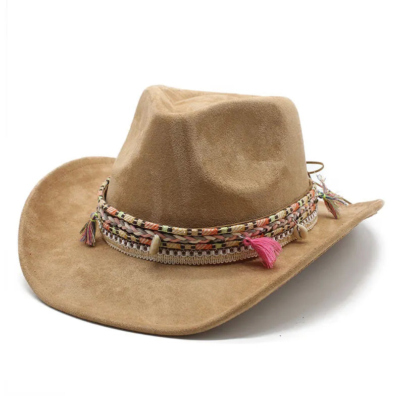 Unisex Vintage Western Cowboy Bohemian Suede Rolled Brim Hat