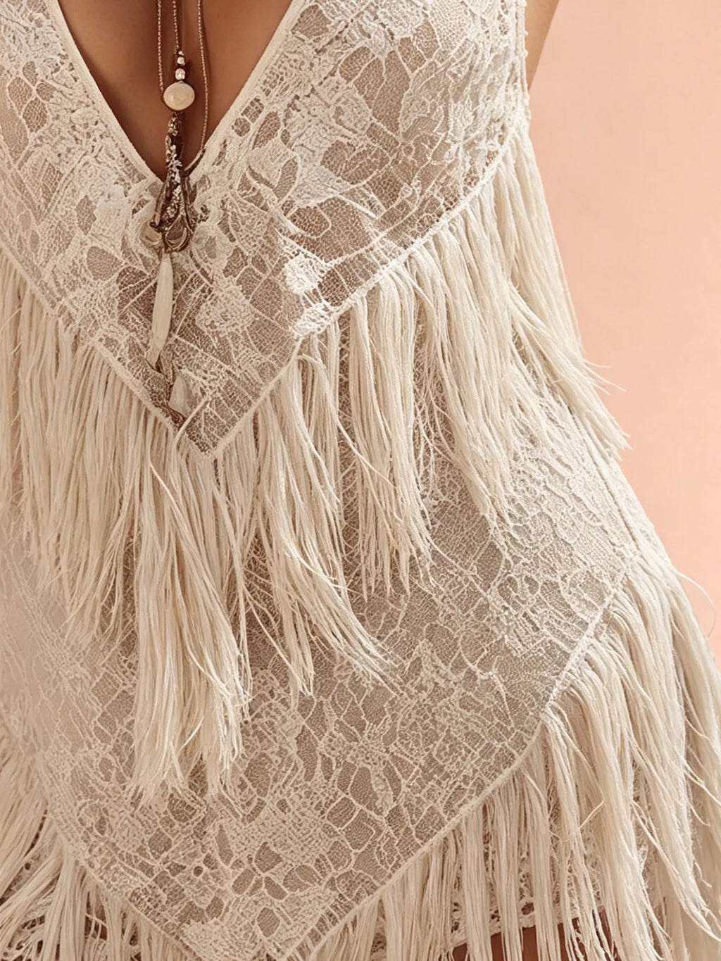 Festival Mini Dress — Ivory White Lace Fringe Deep V-Neck Halter Mini Dress