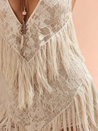 Festival Mini Dress — Ivory White Lace Fringe Deep V-Neck Halter Mini Dress