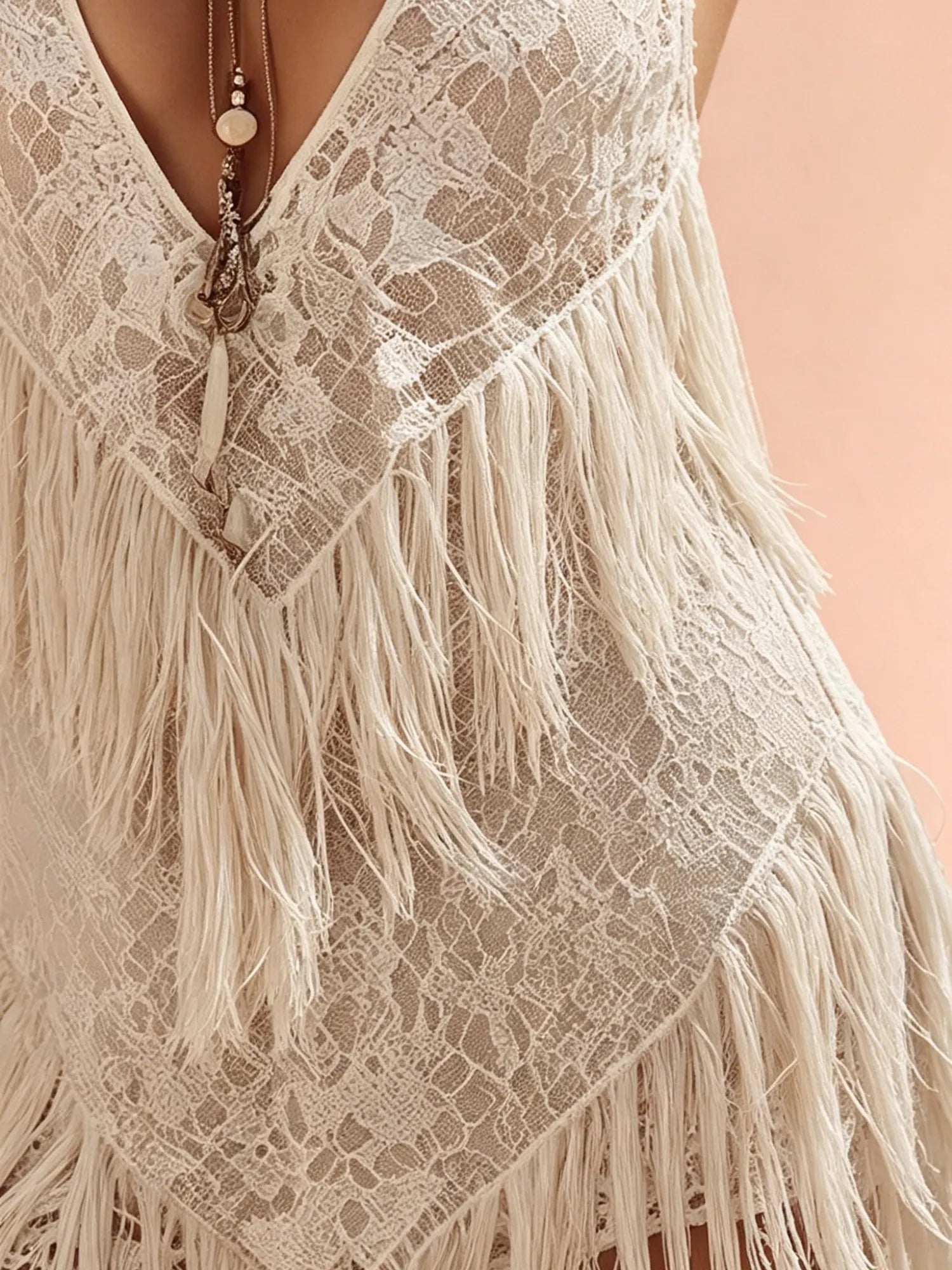 Festival Mini Dress — Ivory White Lace Fringe Deep V-Neck Halter Mini Dress