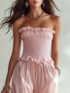 Resort-style Strapless Lettuce-edge Jumpsuit
