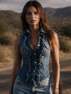Vintage Blue Denim Ruffle Button Front Vest