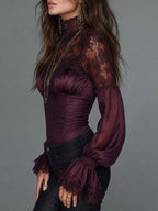 Vintage Lace Paneling Satin Blouse With Lantern Sleeves