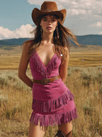Date Night or Western Theme Party — Vintage Magenta Fringe V-Neck Skin-Friendly Faux Suede Bodycon Mini Dress
