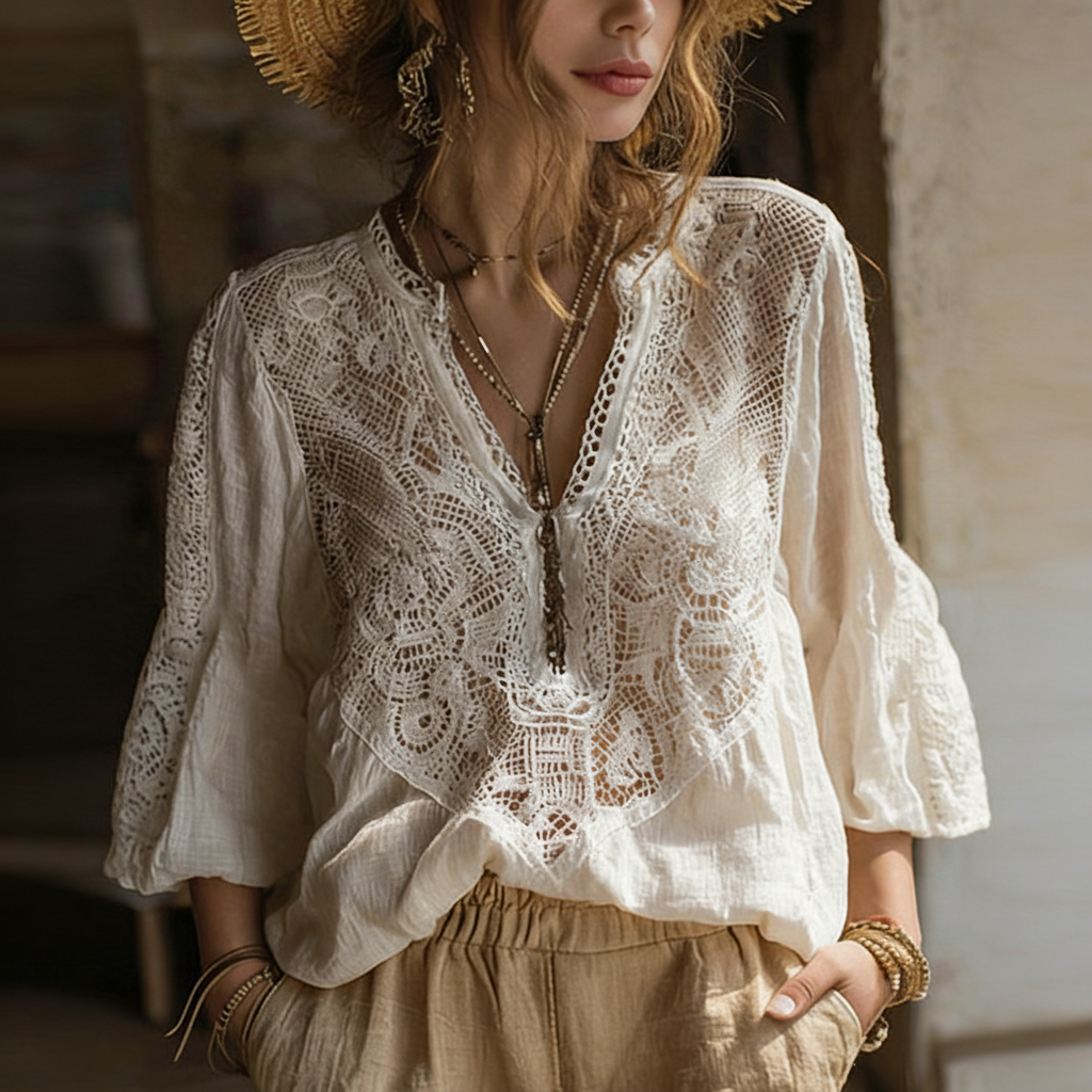 Linen Bohemian Embroidered Top Women's Loose Long Sleeve Peasant Blouse Ethnic Vintage Style Summer Casual Shirt