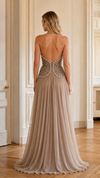 Pleated Halter Open-Back Embellished Evening Gown