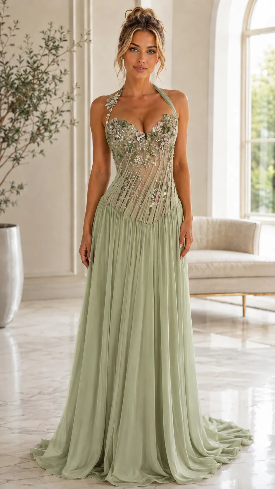 Floral Appliqué Halter Corset Evening Gown with Pleated Skirt