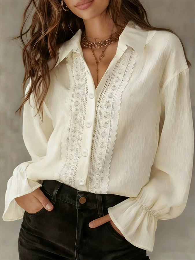 Women'S Solid Color Lapel Single-Breasted Shirt With Lace Splicing