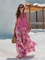 Romantic Vacation V-Neck Sleeveless Top And Printed Tiered Skirt Chiffon Set