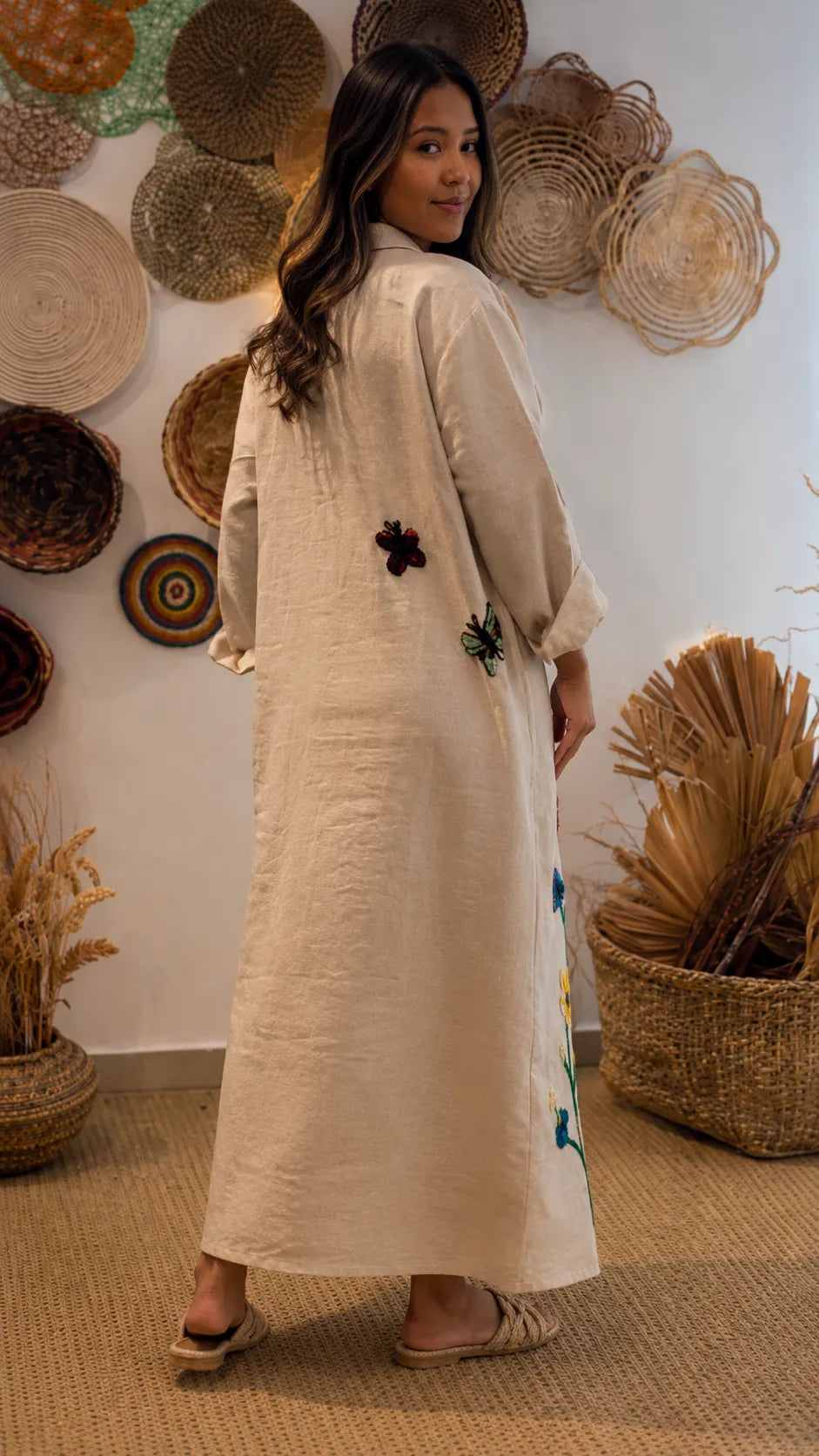 Boho Embroidered Oversized Shirt Dress - Long Sleeve Button Down Maxi Dress with Tropical Bird & Floral Print