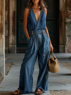 Women's V-Neck Retro Belt Wide-Leg Denim Jumpsuit