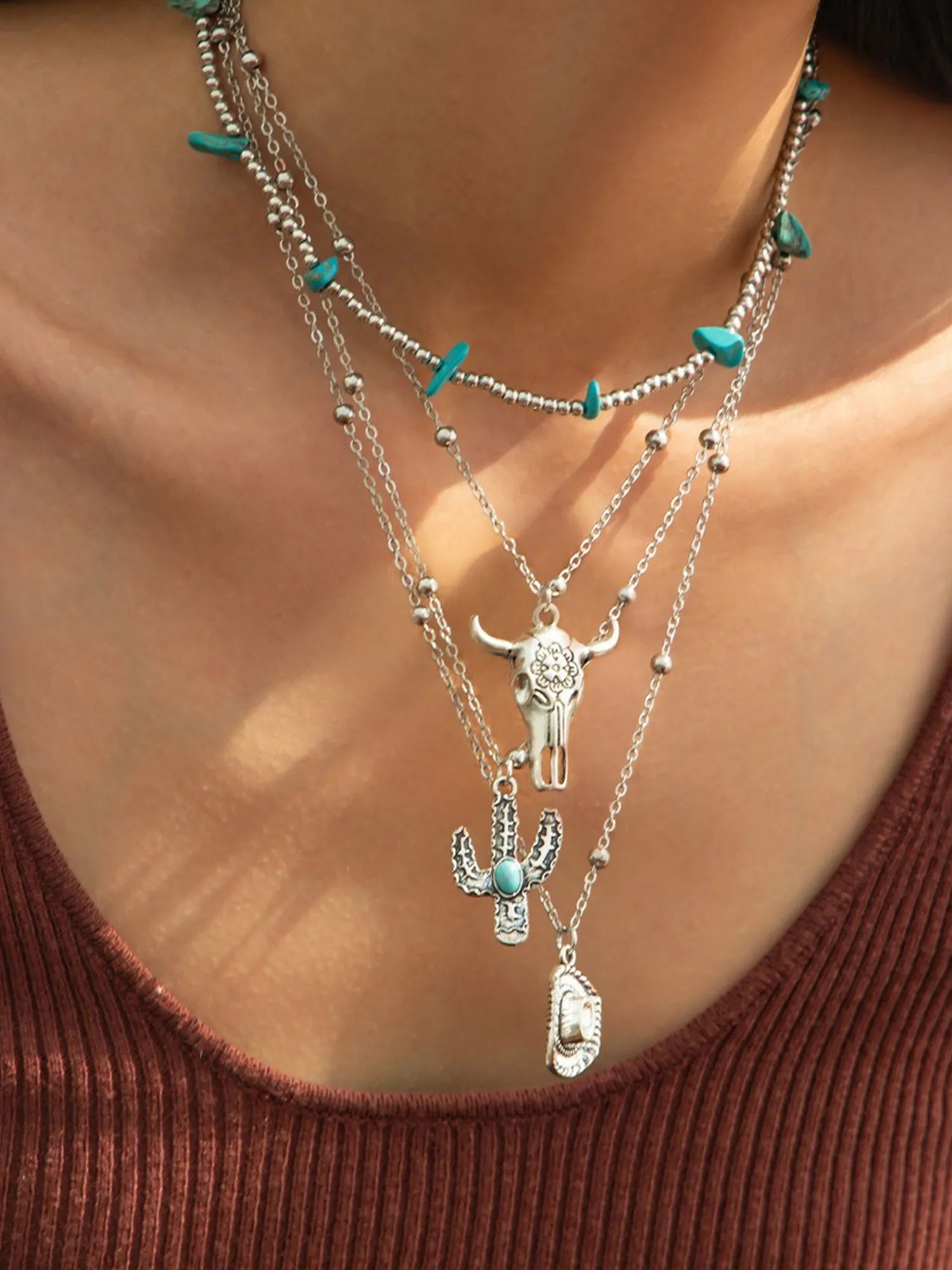 Vintage Western Layered Necklace, Women's Turquoise Bull Skull Pendant Set