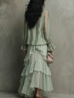 Bohemian Mint Chiffon Ruffle Blouse With Layered Skirt