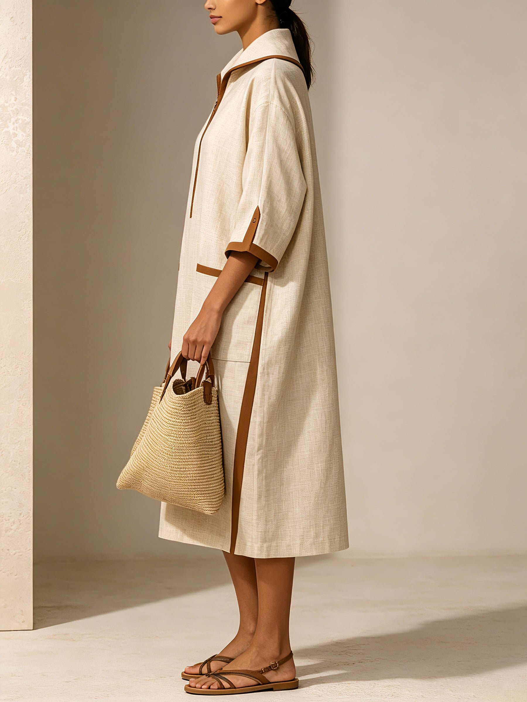 Women's Minimalist Half Zip Midi Dress – Oversized Linen Style Shirt Dress With Contrast Trim Pockets