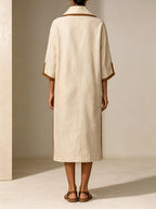 Women's Minimalist Half Zip Midi Dress – Oversized Linen Style Shirt Dress With Contrast Trim Pockets