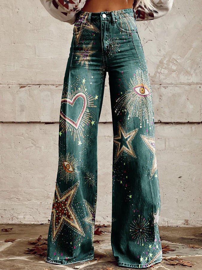Damen Vintage-Print Lässige Weite Hose
