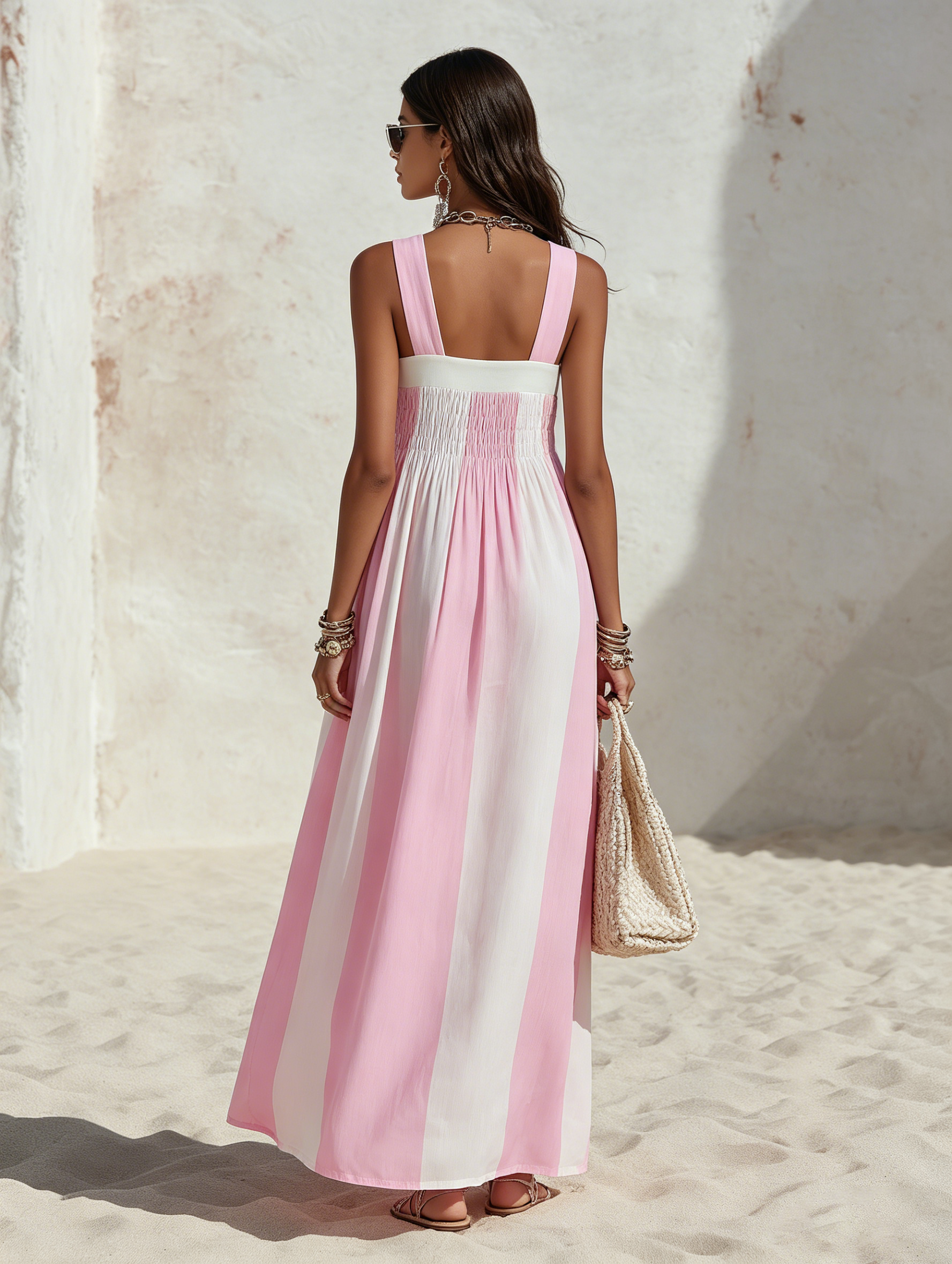 Resort Style Square Neck Sleeveless Striped Chiffon Maxi Dress