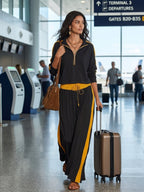Sporty Chic Cotton Half-Zip Contrast-Stripe Black & Mustard Two-Piece Set