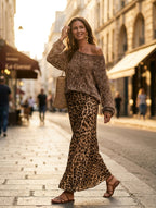 Effortless Chic Open-Knit Off-Shoulder Sweater & Leopard-Satin Brown Two-Piece Set