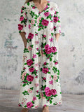 Women's Rose Floral Pattern V-Neck Cotton and Linen Dress with Pockets
