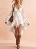 Western Dress — Champagne Sand Asymmetrical High-Low Lace Dress Mini Dress