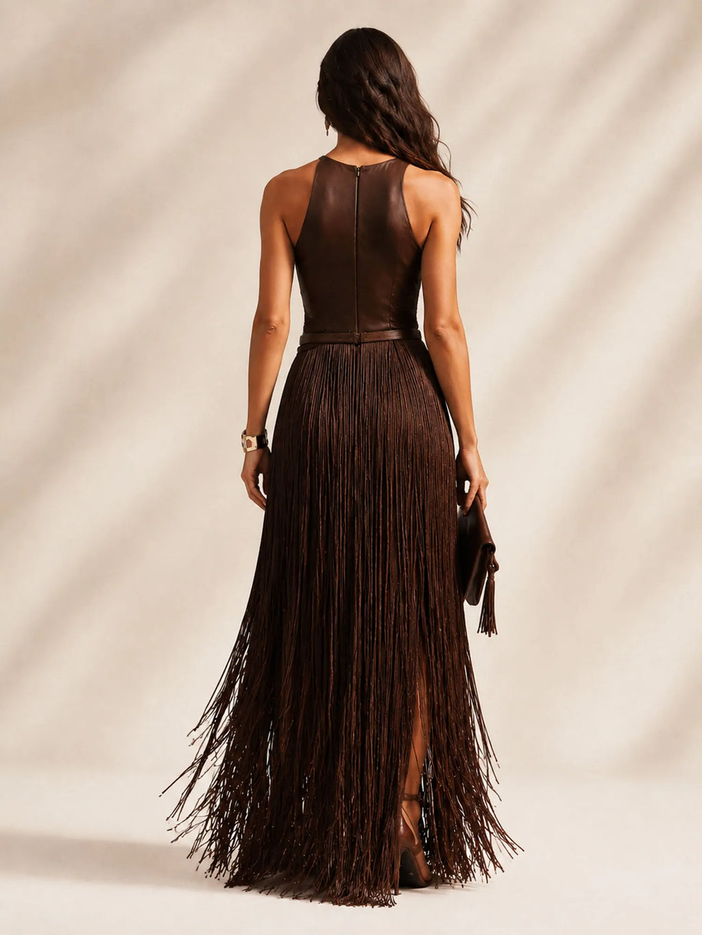 Perfect for Fall Western-Themed Weddings — Cream Fringe Halter Slim Vacation Maxi Dress(No Belt)