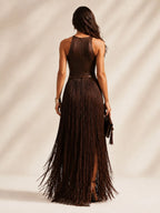 Perfect for Fall Western-Themed Weddings — Cream Fringe Halter Slim Vacation Maxi Dress(No Belt)