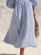 Coastal Chic Off-Shoulder Short-Sleeve Blue And White Striped Maxi Dress