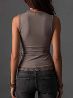 Taupe Cotton-Linen Blend Wrap-Front Lace-Trimmed Sleeveless Top