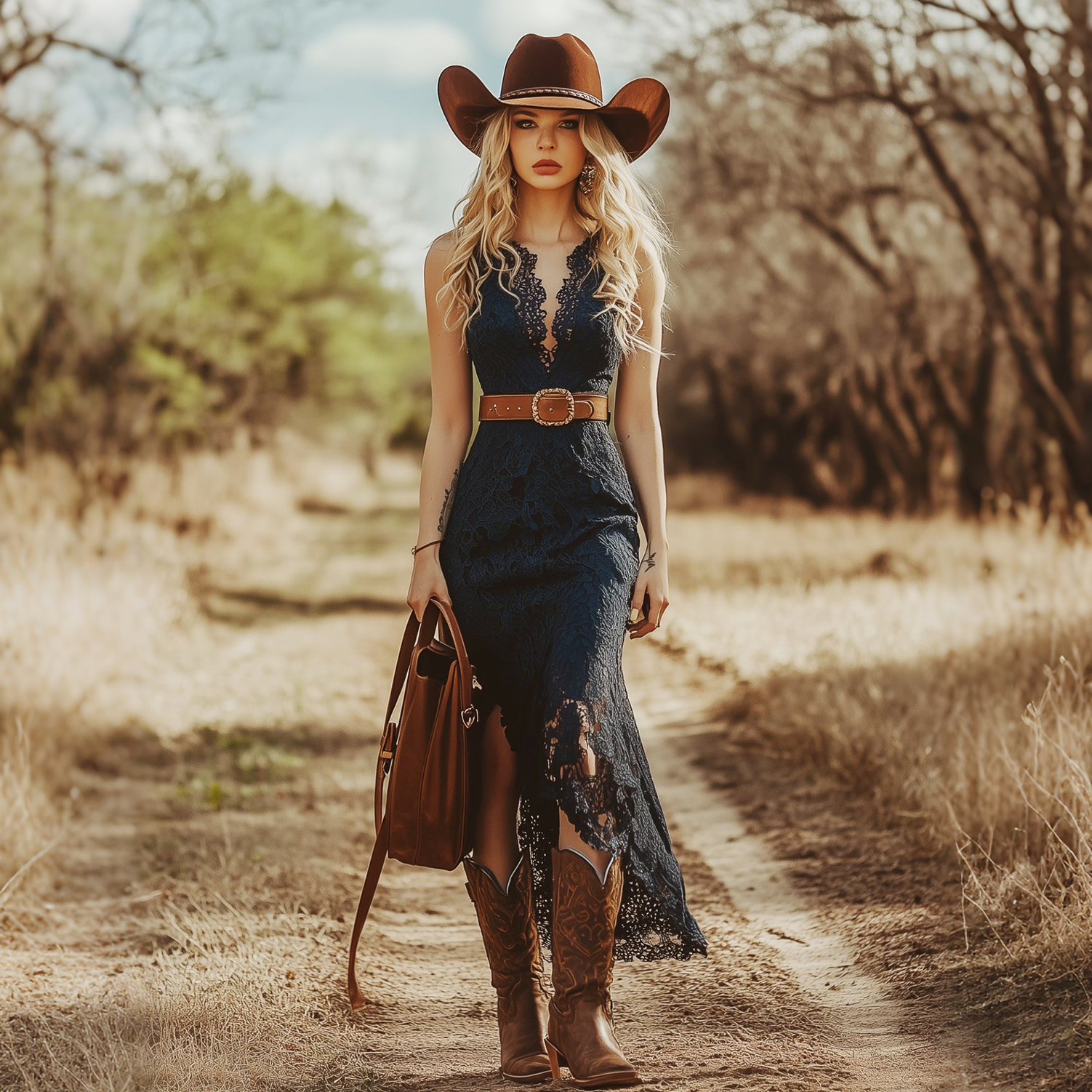 Country Western Vintage Bohemian Blue Lace Sleeveless Midi Dress
