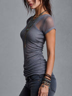 Gray Double-Layer Mesh Ruched Fitted Top