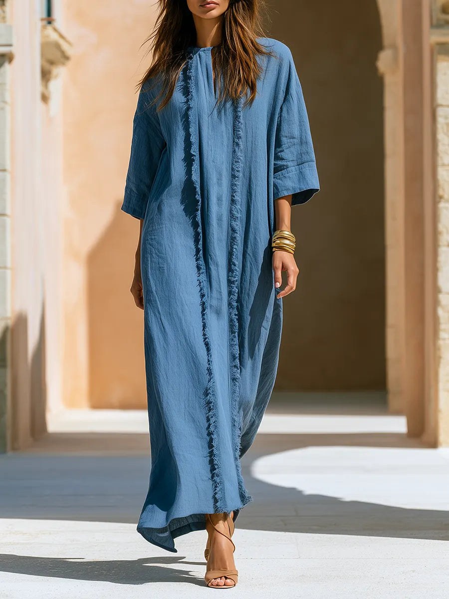 Old Money Three-Quarter Sleeves And Tassels Blue Cotton-Linen Maxi Dress