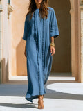 Old Money Three-Quarter Sleeves And Tassels Blue Cotton-Linen Maxi Dress
