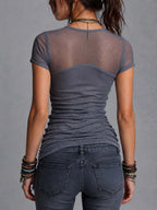 Gray Double-Layer Mesh Ruched Fitted Top