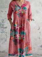 123-240608-20Women's V-neck Elegant Floral Pattern Cotton Dress