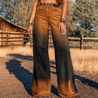 Women's Retro Western Printed Faux Denim Gradient Wash High-Waisted Flare Wide Leg Pants