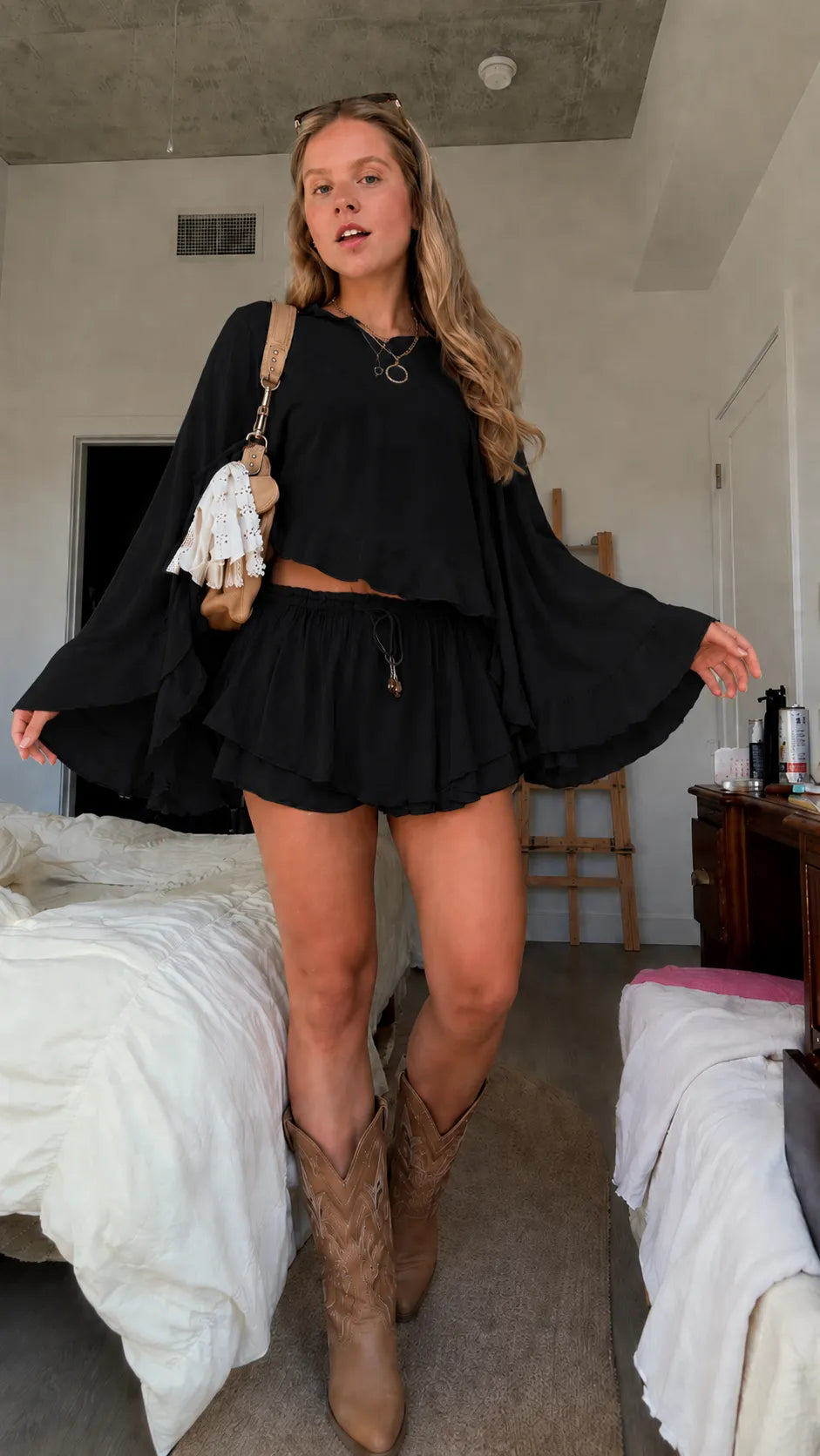 Boho Ruffle Flared Sleeve Crop Top & Shorts Set - Summer Vacation Loungewear