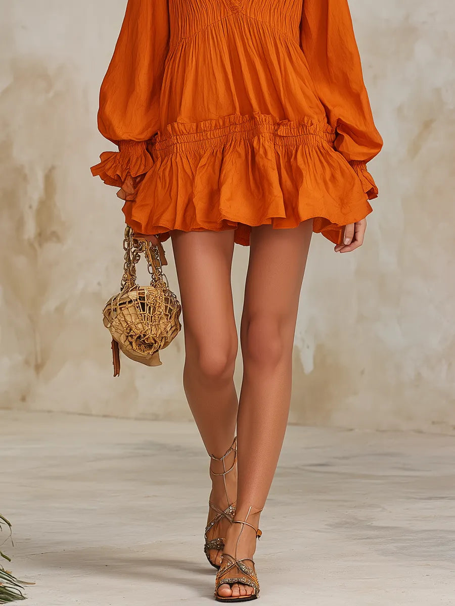Elegant Retro Vacation V-neck Long-sleeved Ruffle Mini Dress