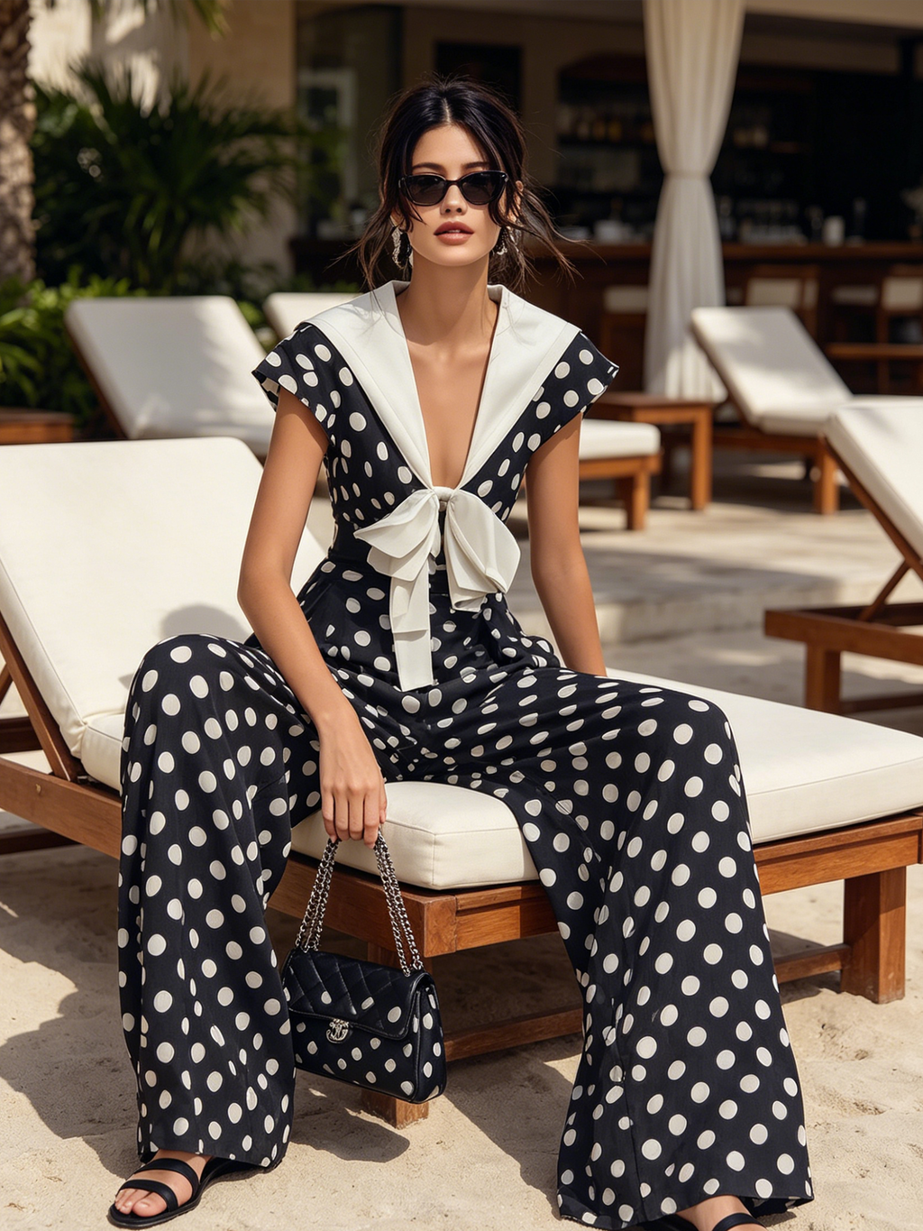 Navy Polka Dot Wide-Leg Jumpsuit With Sailor Collar & Bow Detail