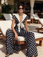 Navy Polka Dot Wide-Leg Jumpsuit With Sailor Collar & Bow Detail