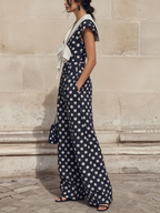 Navy Polka Dot Wide-Leg Jumpsuit With Sailor Collar & Bow Detail