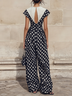 Navy Polka Dot Wide-Leg Jumpsuit With Sailor Collar & Bow Detail